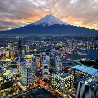 surreal view of Yokohama and Mt. Fuji
