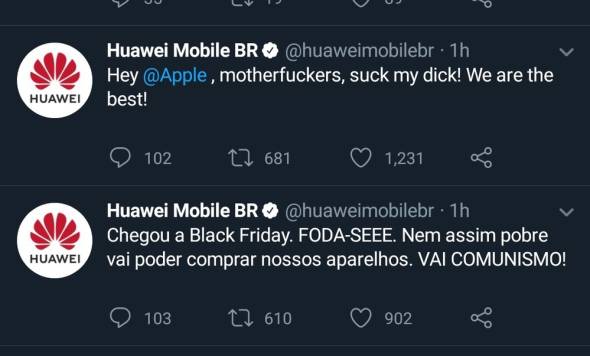 Print dos tweets da Huawei atacando a Apple e exaltando o comunismo