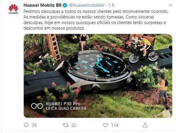 Tweet da Huawei se desculpando por uso indevido de sua conta