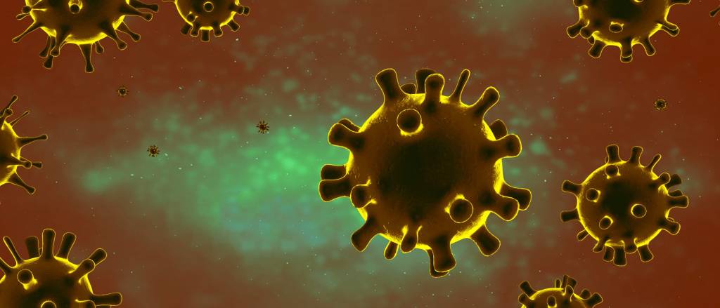 Foto de stock de Nova variante célula do vírus omicron. Epidemia de doença coronavírus (COVID-19).