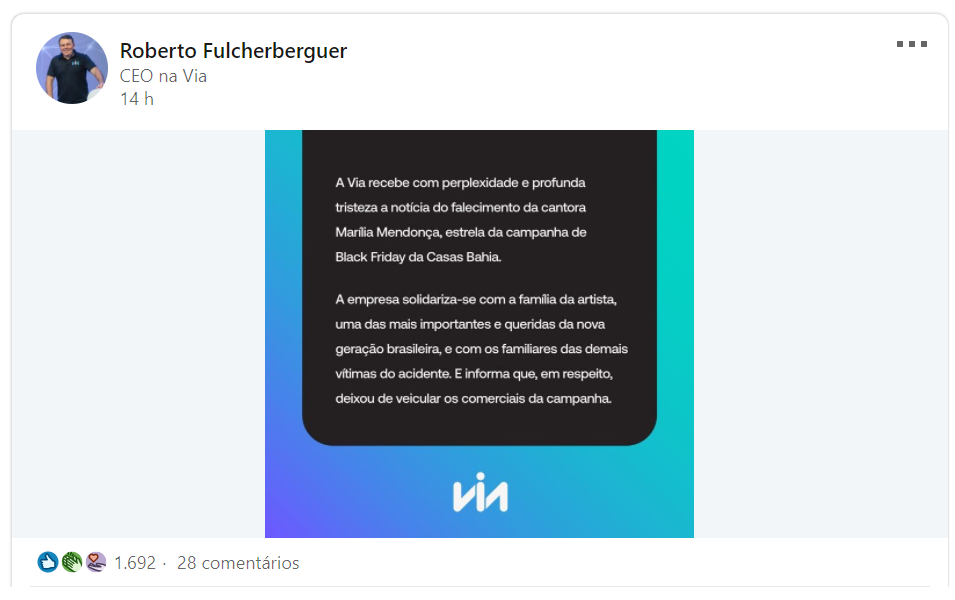 Roberto Fulcherberguer, CEO das Casas Bahia, lamenta morte de Marília Mendonça no LinkedIn