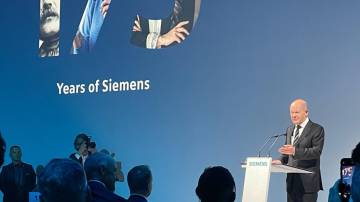 Olaf Scholz, chanceler da Alemanha em evento de comemoração do aniversário da Siemens