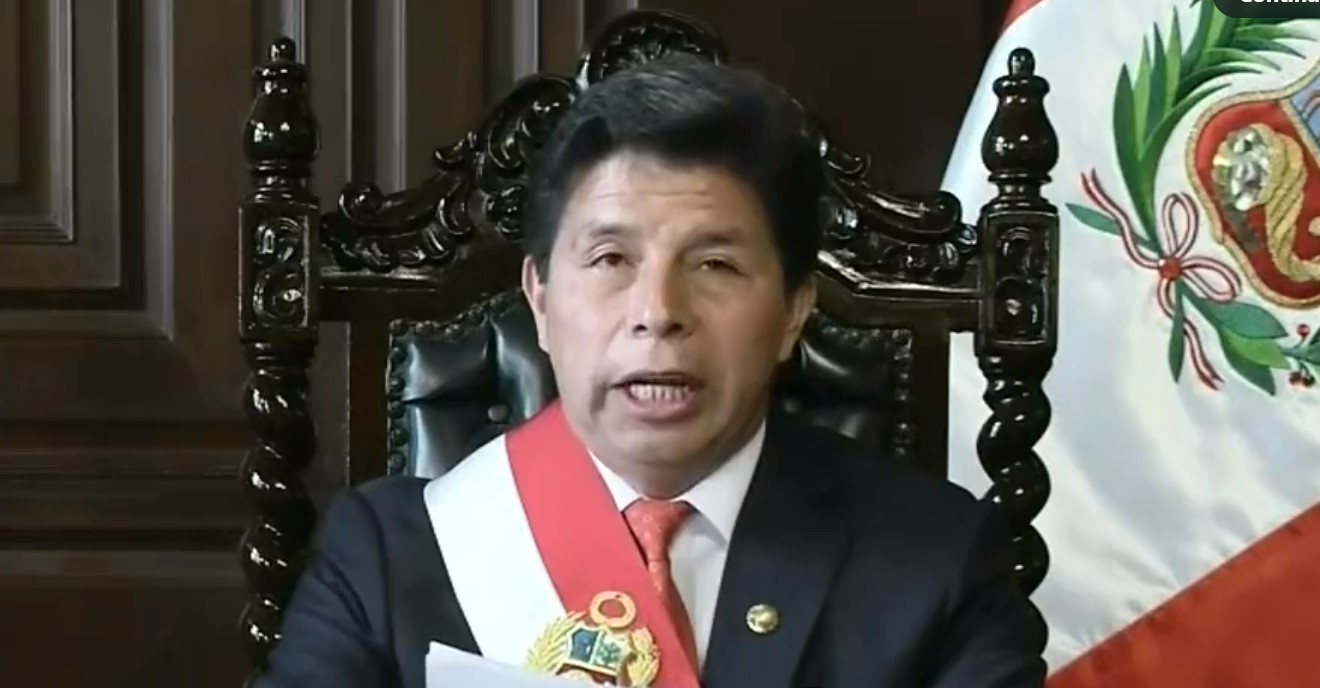 Pedro Castillo, presidente do Peru, em pronunciamento no qual anunciou o fechamento do Congresso e início de "governo de exceção"