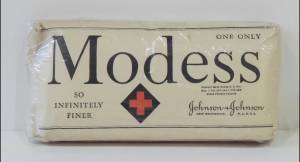 Embalagem antiga do Modess, quando o produto era produzido pela J&J
