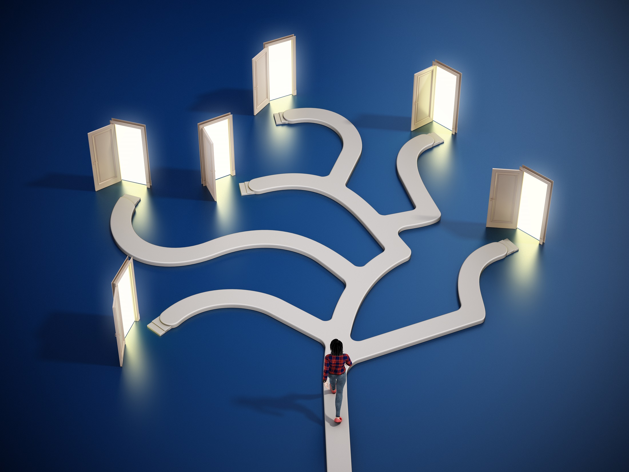 Ilustração com personagem caminhando em uma estrada que leva a muitos caminhos diferentes com portas abertas, representando o conceito de decisões. (Foto: GettyImages)