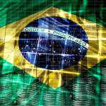 Foto de stock de Bandeira do Brasil, gráfico de indicadores econômico-financeiros, variação cambial, crise no mercado de ações