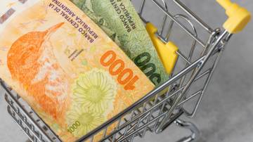 Foto de stock de Conceito financeiro, taxa de inflação da Argentina, preços das lojas, carrinho de compras vazio e dinheiro de pesos argentinos
