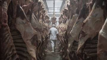 Um trabalhador passa por carcaças de gado em um matadouro em São Félix do Xingu, Brasil (Jonne Roriz/Bloomberg)