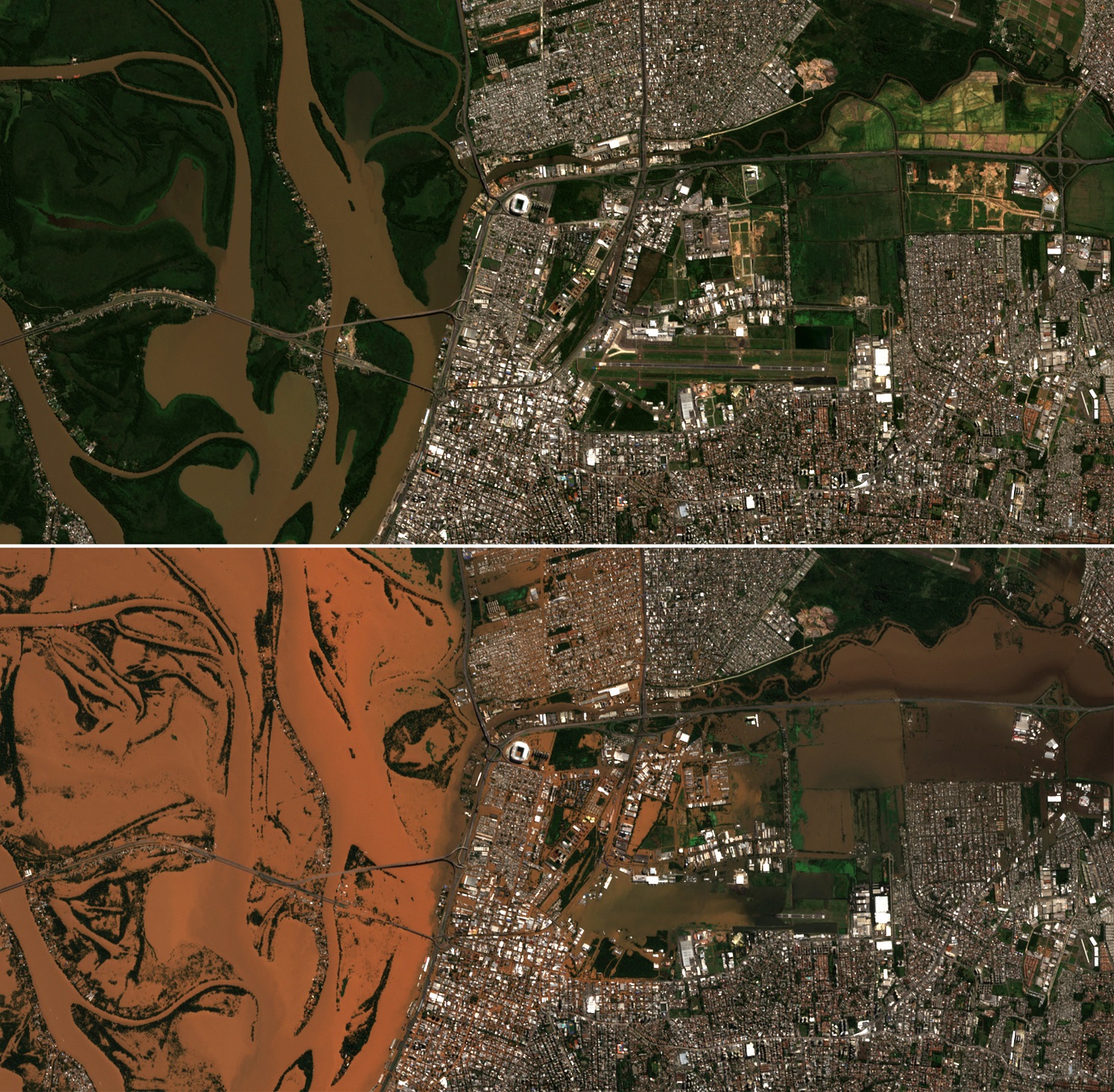 Combinação de imagens de satélite antes e depois de alagamento em Porto Alegre (União Europeia/Copernicus Sentinel-2/Divulgação via REUTERS)
