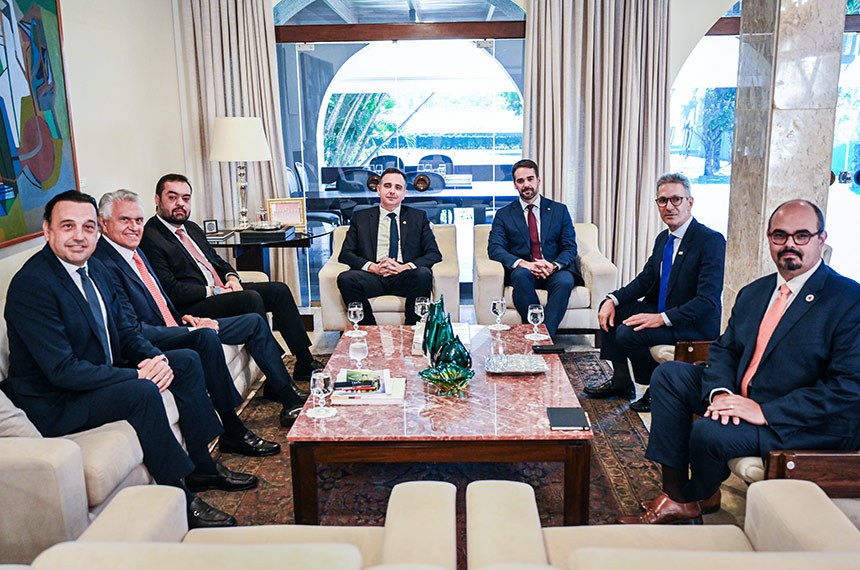 Governadores de MG, RJ, RS, GO e vice-governador de SP estiveram com Rodrigo Pacheco para discutir dívidas dos estados (Foto: Pedro Gontijo/Senado Federal)