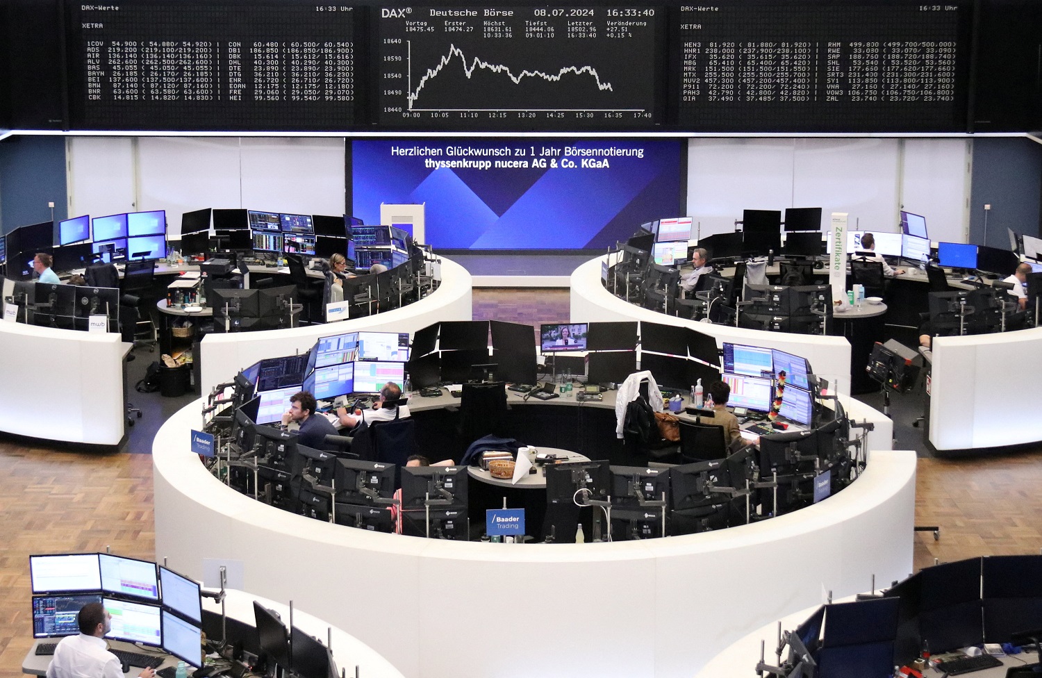 Imagem mostra gráfico do índice de preço das ações alemão DAX na bolsa de valores em Frankfurt, Alemanha, em 8 de julho de 2024. REUTERS/Staff