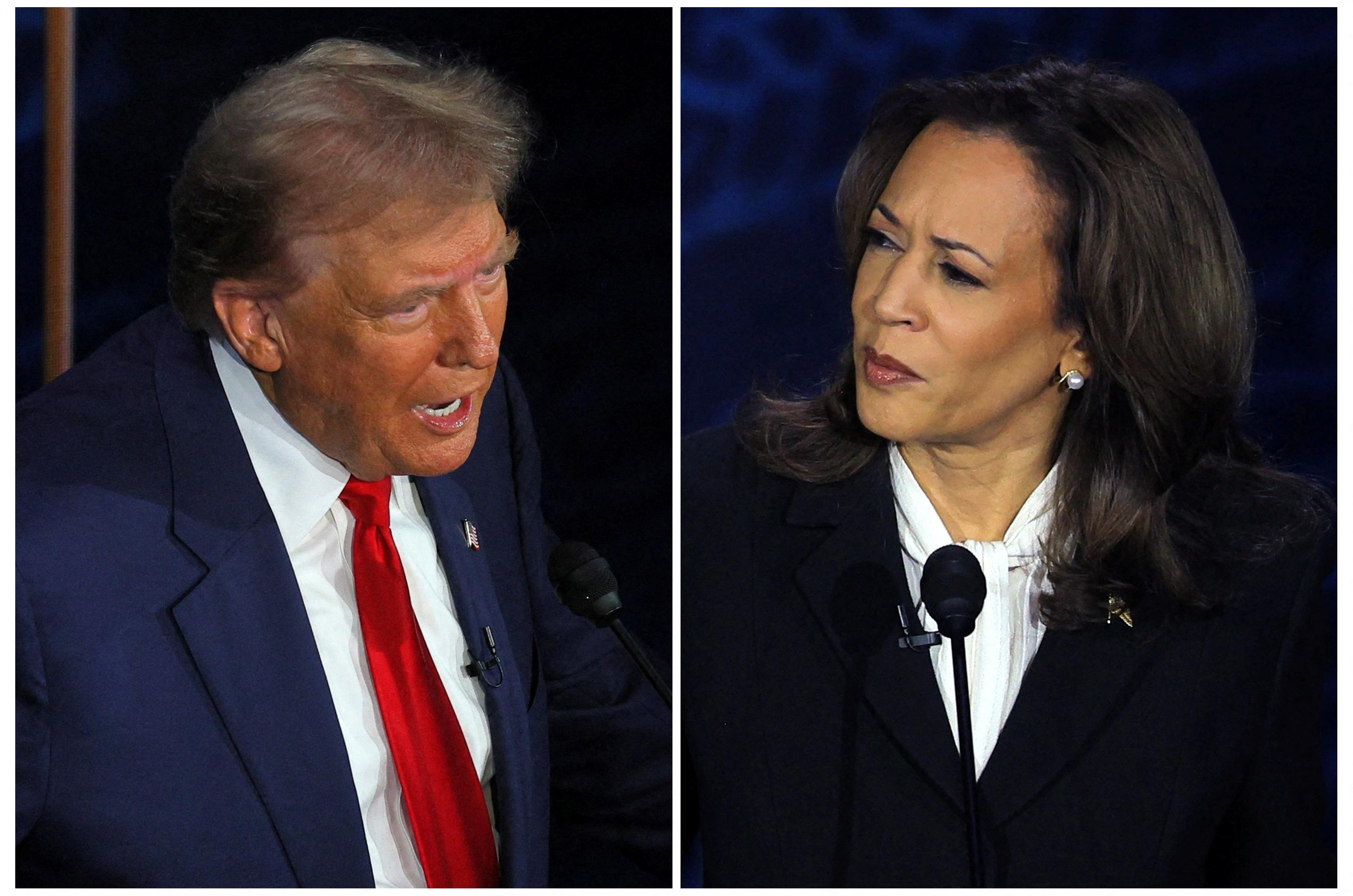 Candidato presidencial republicano, ex-presidente dos EUA Donald Trump, e a candidata presidencial democrata, vice-presidente dos EUA Kamala Harris, participam de um debate presidencial promovido pela ABC em Filadélfia, Pensilvânia, EUA, 10 de setembro de 2024, em uma combinação de fotografias de arquivo. REUTERS/Brian Snyder