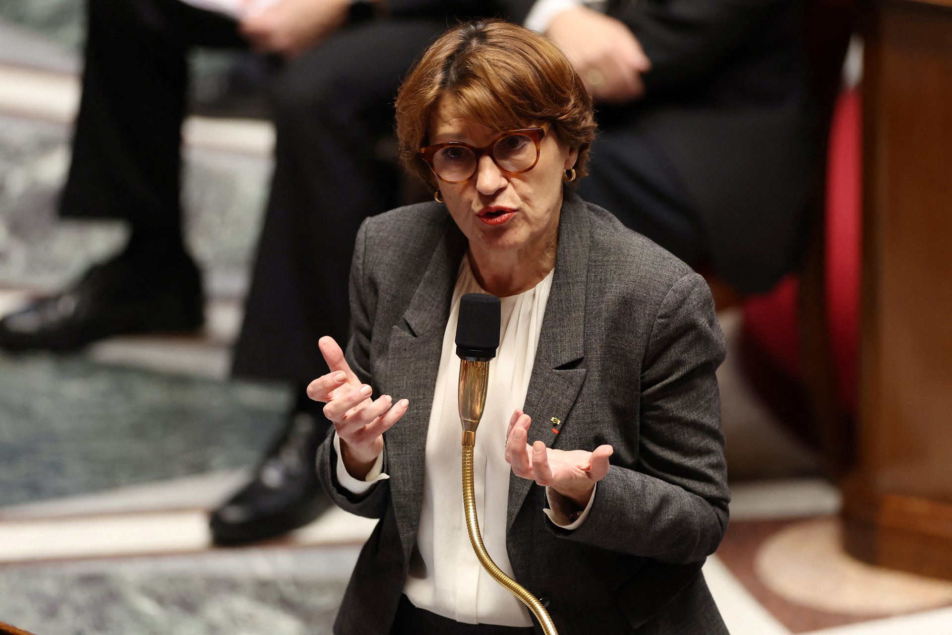 A Ministra Francesa da Agricultura, Soberania Alimentar e Florestas, Annie Genevard, discursa durante a sessão de perguntas ao governo na Assembleia Nacional em Paris, França, 19 de novembro de 2024. REUTERS/Kevin Coombs