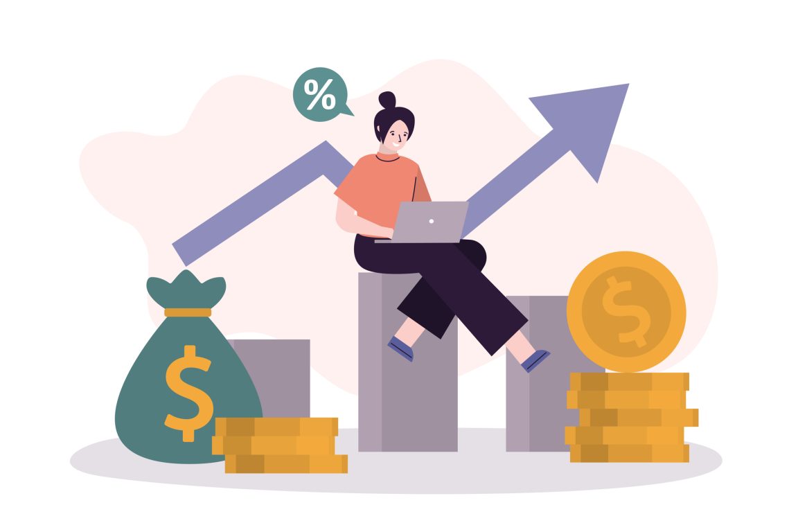 Ilustração de empresária investindo com seu laptop