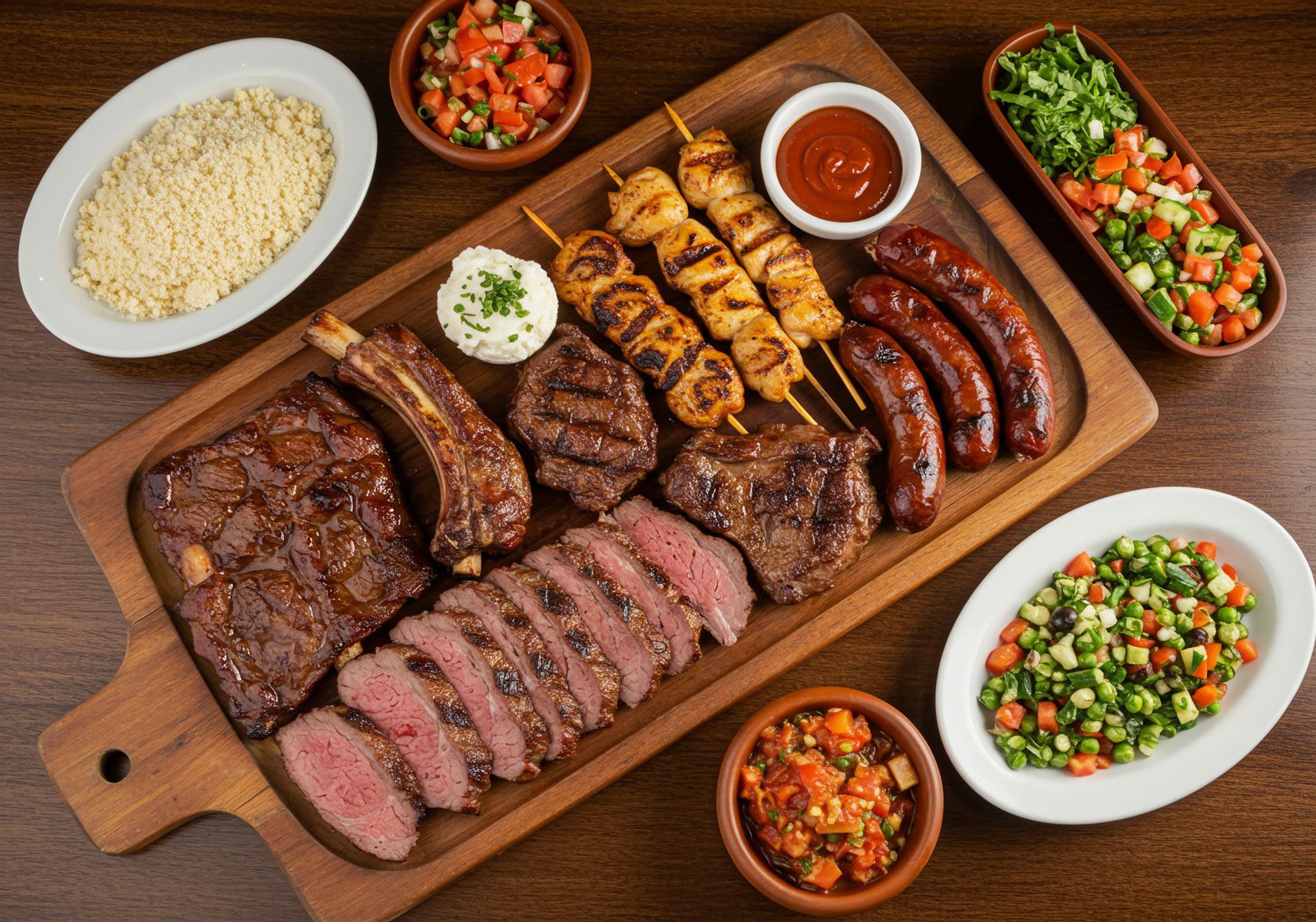 Mesa de churrasco variado com carnes nobres, saladas e acompanhamentos típicos do Brasil (Foto: AdobeStock)