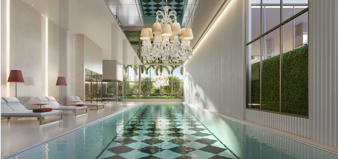 Piscina coberta com raia de 25m do empreendimento Le Six da Lavvi. Imagem: Divulgação