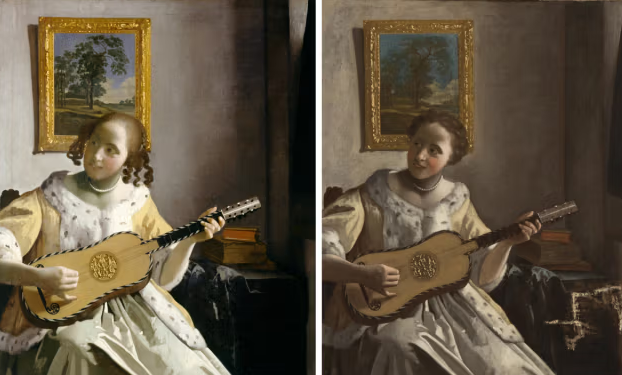 Esquerda: A Tocadora de Violão, Johannes Vermeer, Kenwood/Direita: Versão da Filadélfia — A Tocadora de Violão, artista desconhecido (Historic England. Museu de Arte da Filadélfia, Coleção John G. Johnson)