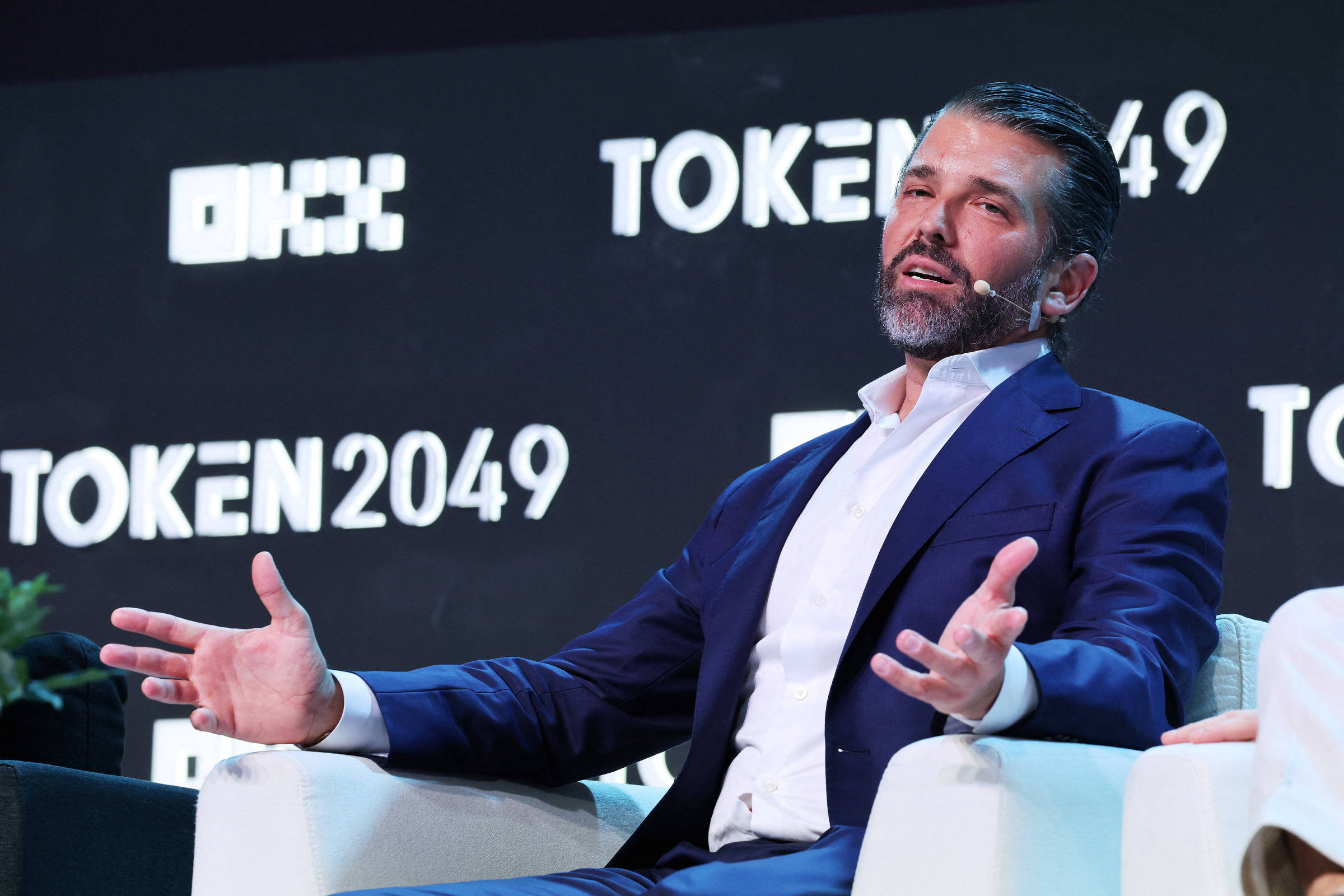 Donald Trump Jr., um dos filhos do presidente americano, durante evento sobre criptomoedas em Singapura - Edgar Su - 1º.out.25/Reuters