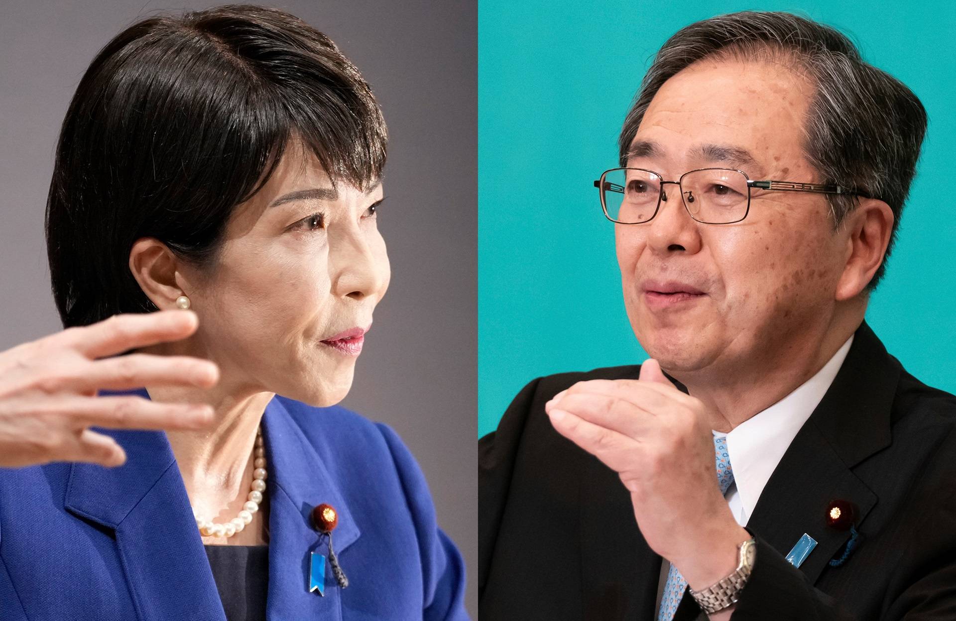 Sanae Takaichi, à esquerda, e Tetsuo Saito. (Foto: Toru Hanai/Bloomberg; Tomohiro Ohsumi/Pool/AP Photo)