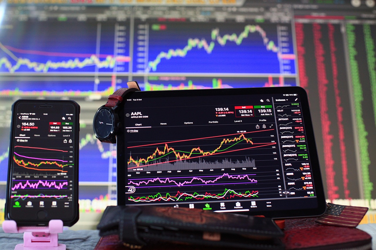 Imagem mostra telas com graficos de ações.