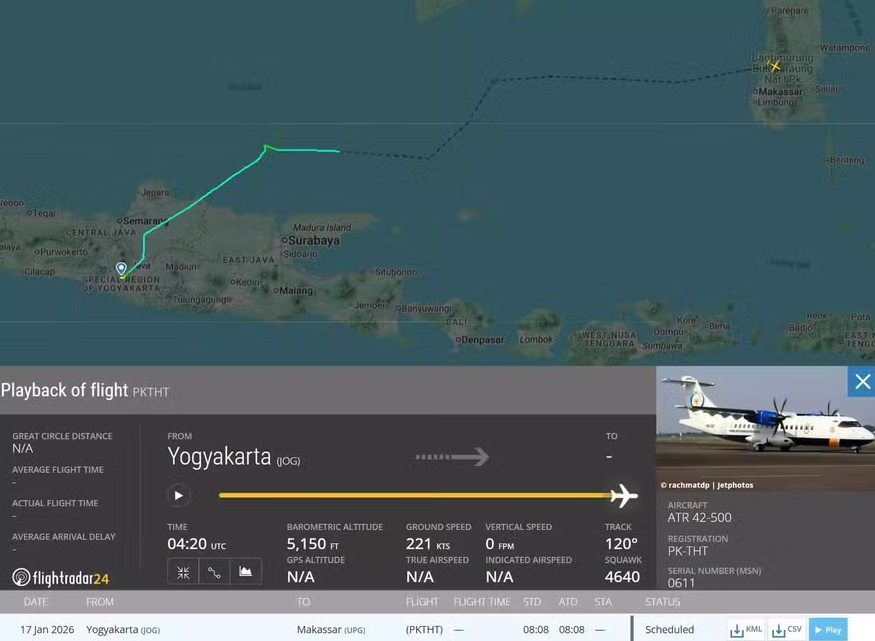 Avião desapareceu enquanto seguia de Yogyakarta para Makassar, na Indonésia — Foto: Reprodução/flightradar24/X
