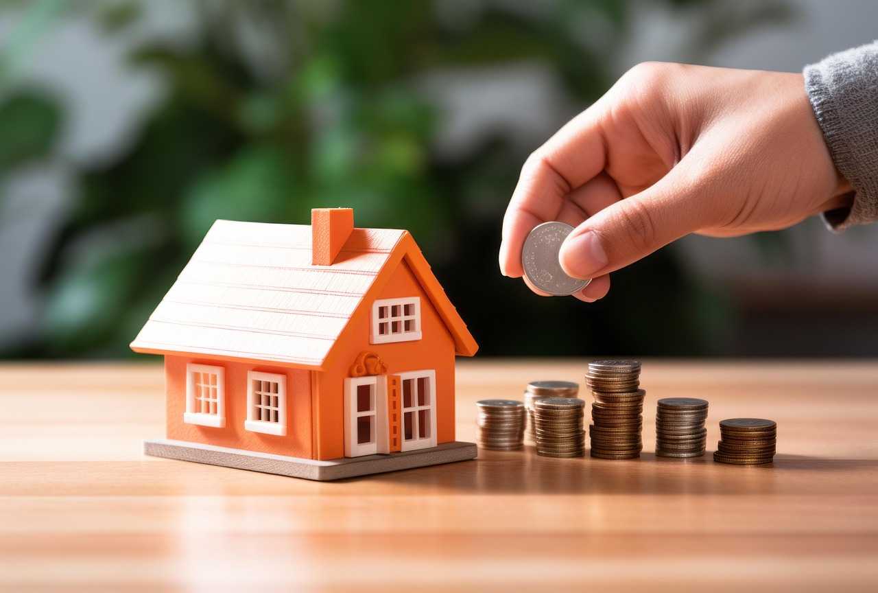 Maquete de casa e pilhas de moedas sobre a mesa
