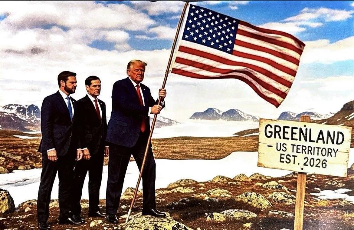 Imagem gerada por inteligência artificial publicada por Donald Trump, que aparece ao lado de J.D Vance e Marco Rubio, cravando a bandeira dos EUA na Groenlândia (Reprodução/Truth Social)
