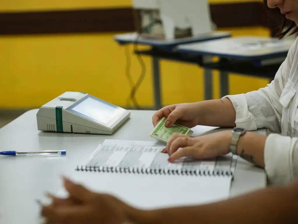 Mesária revisa documento de eleitor em seção eleitoral