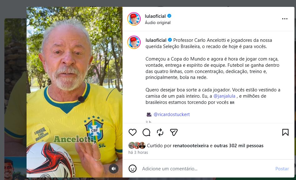 Lula pede que seleção jogue com 'alma' na estreia contra o Marrocos na Copa