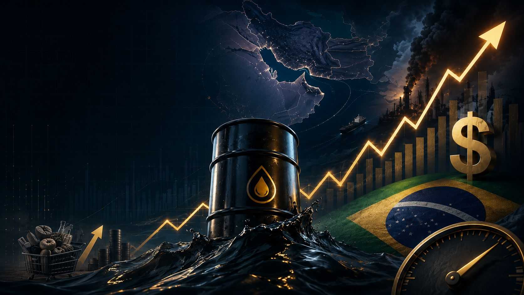 Alta do petróleo em meio à tensão entre EUA e Irã reacende alerta para inflação, dólar e juros no Brasil, com mercado atento aos riscos no Estreito de Ormuz. Imagem gerada com uso de IA (Rodrigo Petry)