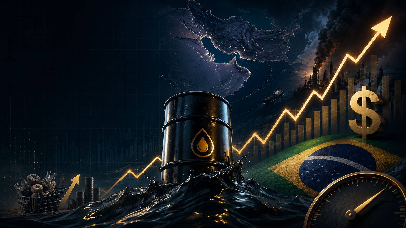 Alta do petróleo em meio à tensão entre EUA e Irã reacende alerta para inflação, dólar e juros no Brasil, com mercado atento aos riscos no Estreito de Ormuz. Imagem gerada com uso de IA (Rodrigo Petry)