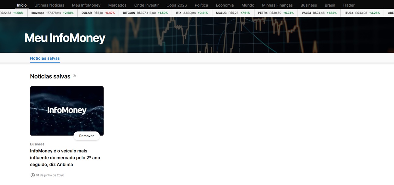 InfoMoney lança recurso para salvar matérias e inicia a personalização