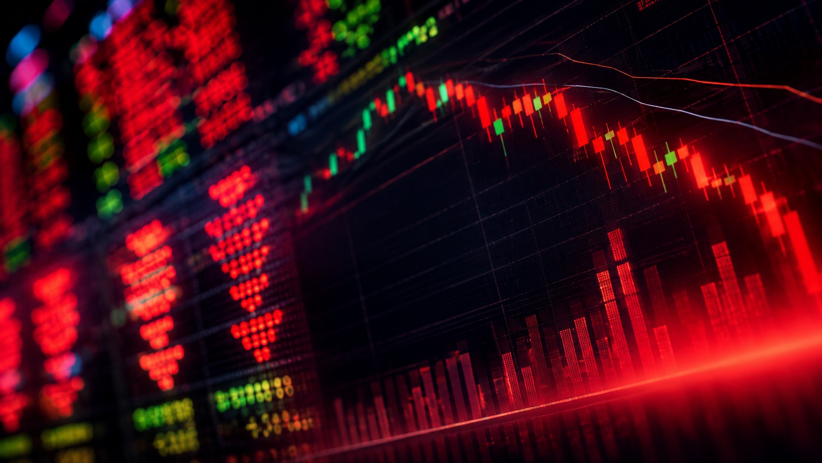 Imagem ilustrativa de painel do mercado financeiro, com gráficos refletindo pressão vendedora e movimento de queda. Imagem gerada por inteligência artificial.
