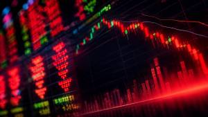 Imagem ilustrativa de painel do mercado financeiro, com gráficos refletindo pressão vendedora e movimento de queda. Imagem gerada por inteligência artificial.