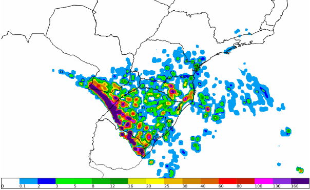 Figura 4 – Previsão de granizo para as 15h (horário de Brasília) de quinta-feira, 06 de agosto de 2026, elaborada com base nas previsões do modelo numérico de previsão do tempo COSMO. Fonte: INMET.