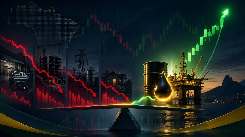 Imagem ilustra o contraste entre a queda de diferentes setores da Bolsa e o peso do petróleo no desempenho do Ibovespa em 2026. Imagem gerada com uso de IA.