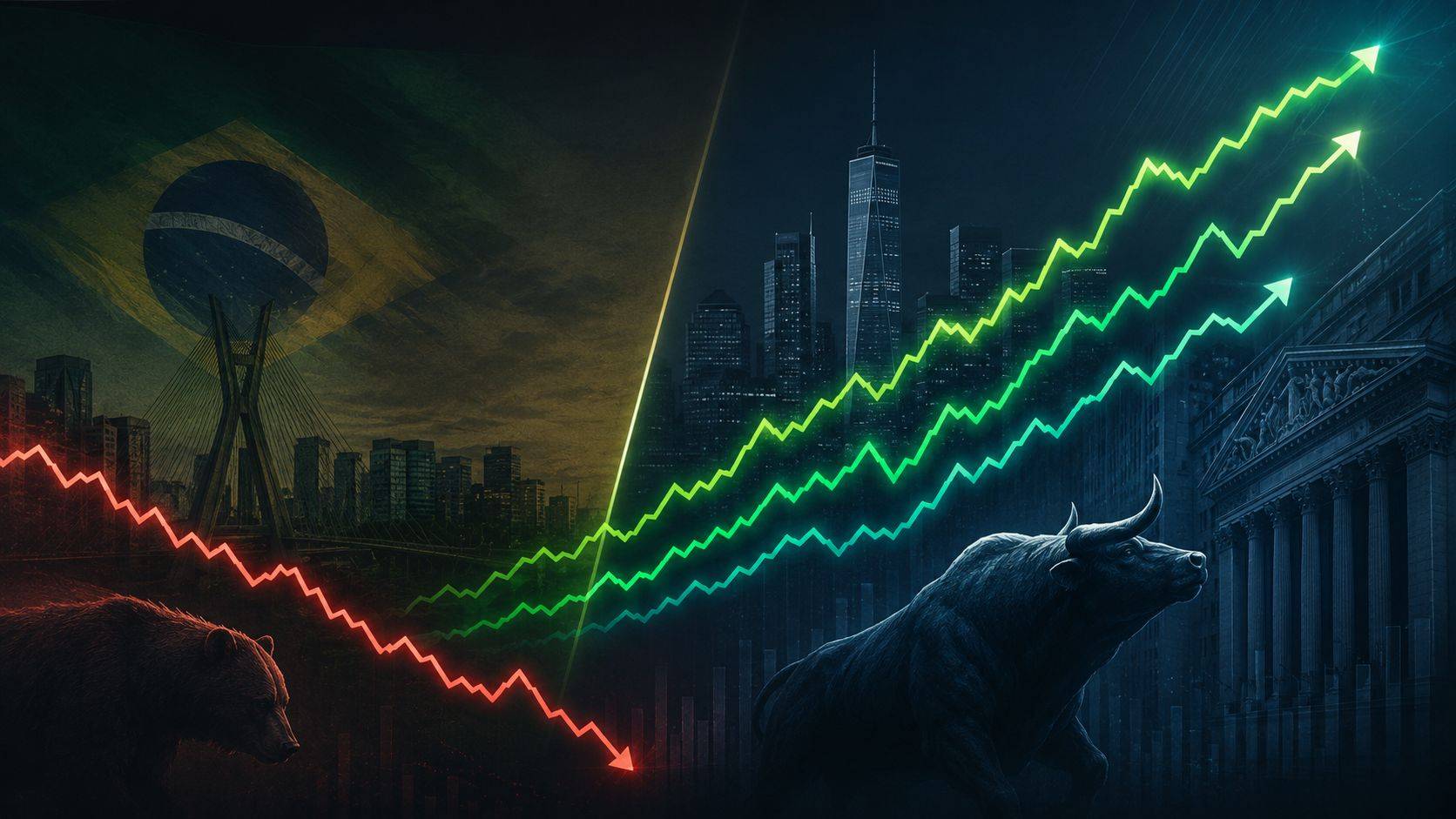 Ibovespa e Wall Street entram no segundo semestre em direções opostas, com a Bolsa brasileira pressionada por riscos domésticos e os mercados dos EUA sustentados por tecnologia, inteligência artificial e lucros. Imagem gerada com uso de IA.
