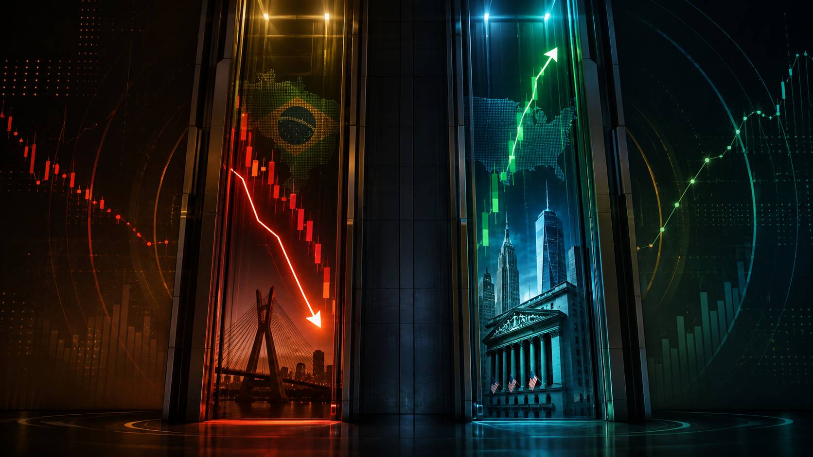 Ibovespa e Wall Street entram no segundo semestre em direções opostas, com a Bolsa brasileira pressionada por riscos domésticos e os mercados dos EUA sustentados por tecnologia, inteligência artificial e lucros. Imagem gerada com uso de IA.