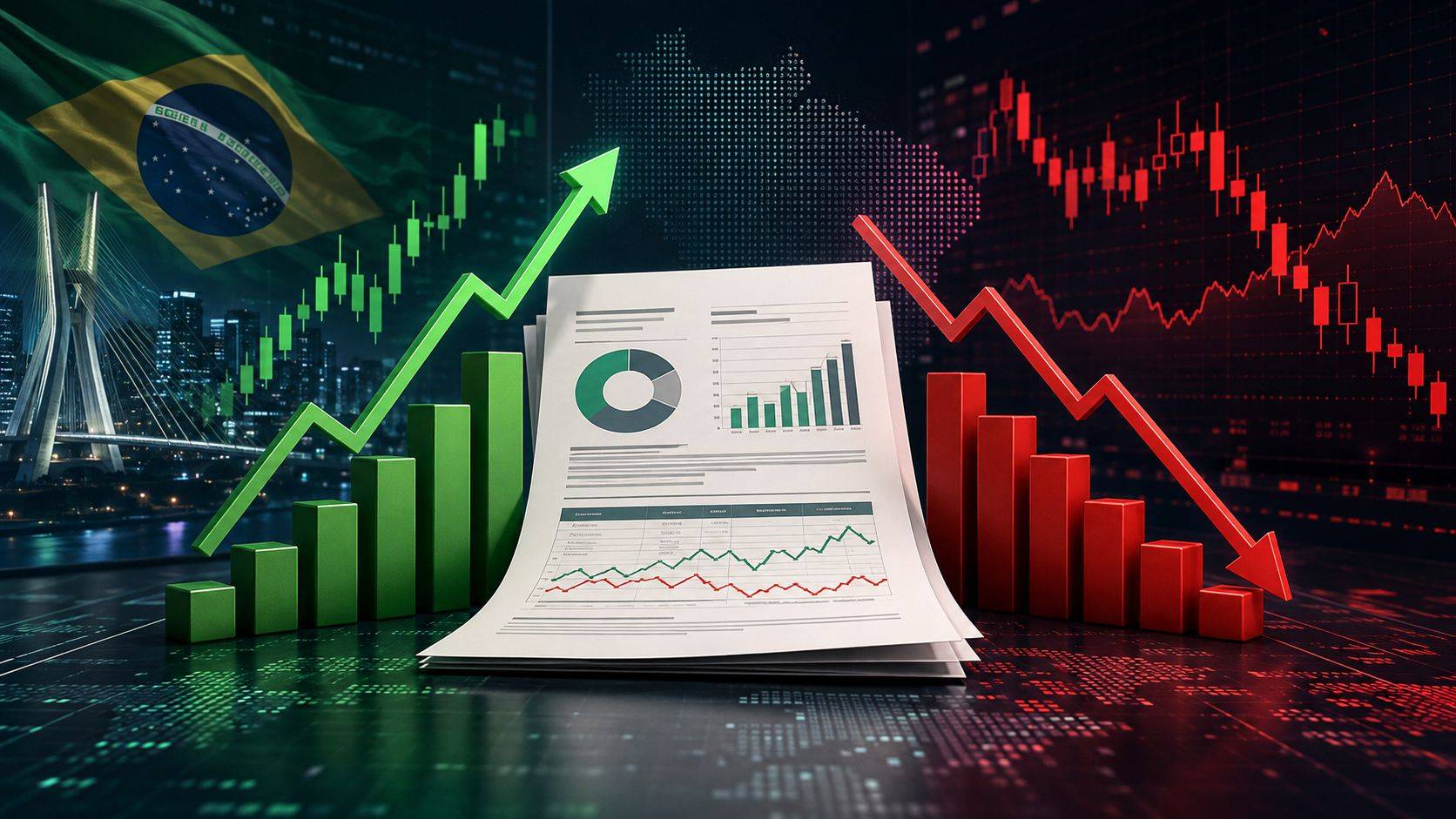 Temporada de balanços: ações registram fortes movimentos de alta e queda na Bolsa após a divulgação dos resultados do 2º trimestre de 2026. Imagem gerada com uso de IA.