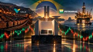 Ilustração sobre Ibovespa, Vale e Petrobras na reta final antes do primeiro turno, com urna eletrônica, mineração, petróleo e gráficos de mercado.