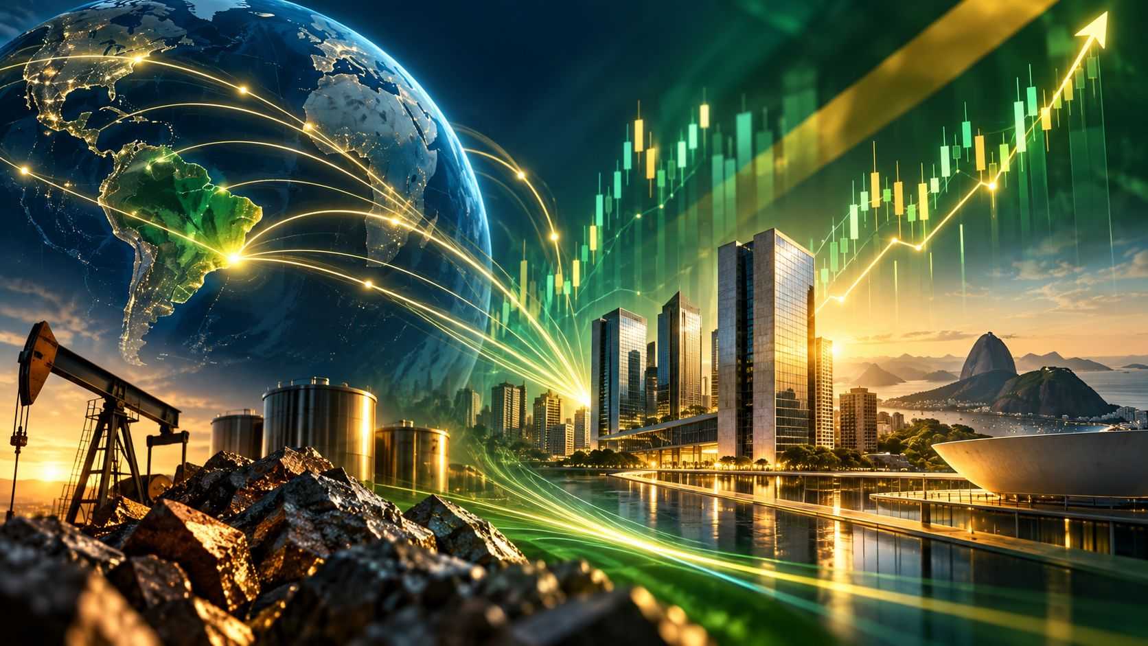 Ilustração conceitual do fluxo estrangeiro para a Bolsa brasileira, com globo, gráficos de alta, skyline urbano e elementos ligados a petróleo e mineração.