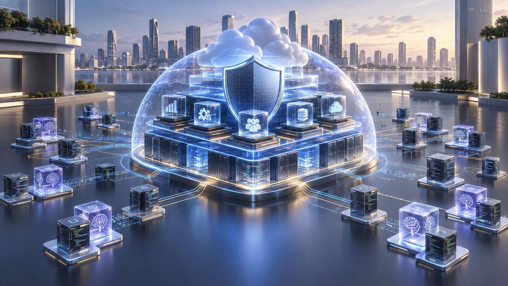 Infraestrutura digital protegida representa segurança, confiança e resiliência das grandes empresas de software diante do avanço da inteligência artificial.