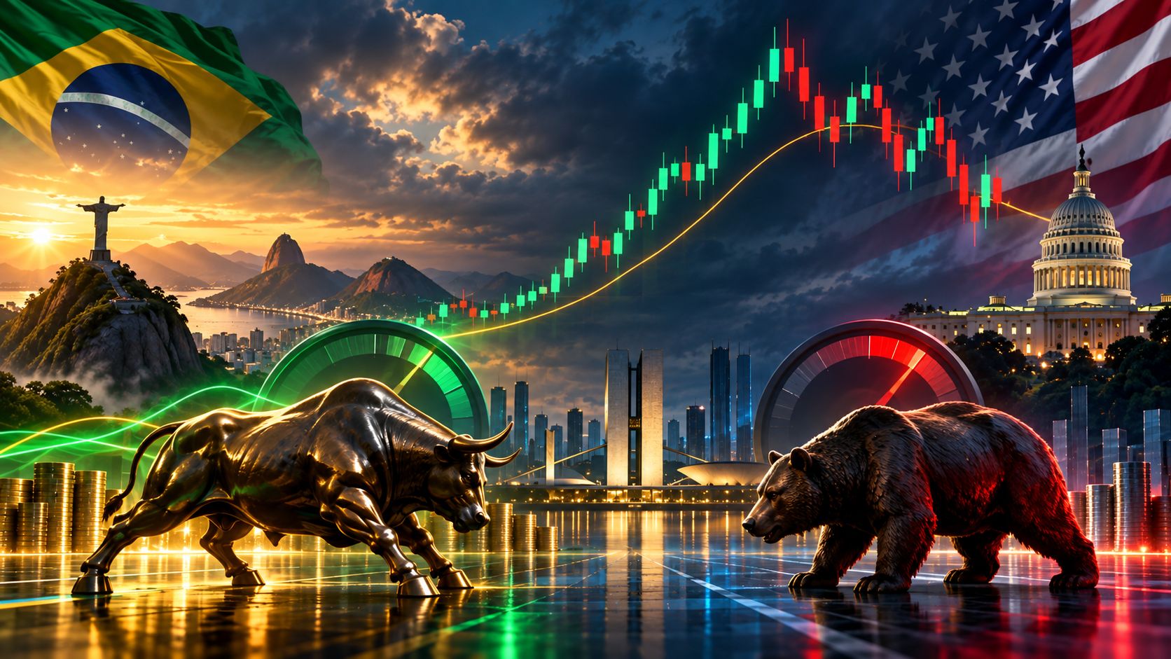 Ilustração conceitual mostra a Bolsa entre Brasil e Estados Unidos, com touro e urso, gráficos de mercado e referências à inflação e aos juros.