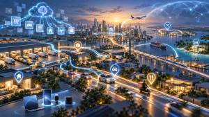 Rede digital conecta comércio eletrônico, mobilidade, entregas e serviços, simbolizando o aumento do valor da distribuição com a inteligência artificial.