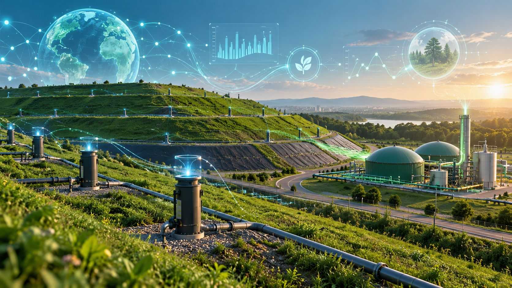 Biogás, aterro sanitário, inteligência artificial, metano, biometano, energia renovável, resíduos sólidos, captação de biogás, tecnologia ambiental, sustentabilidade, machine learning, geração de energia, tratamento de resíduos, aterro inteligente, energia limpa. Imagem gerada com uso de IA.