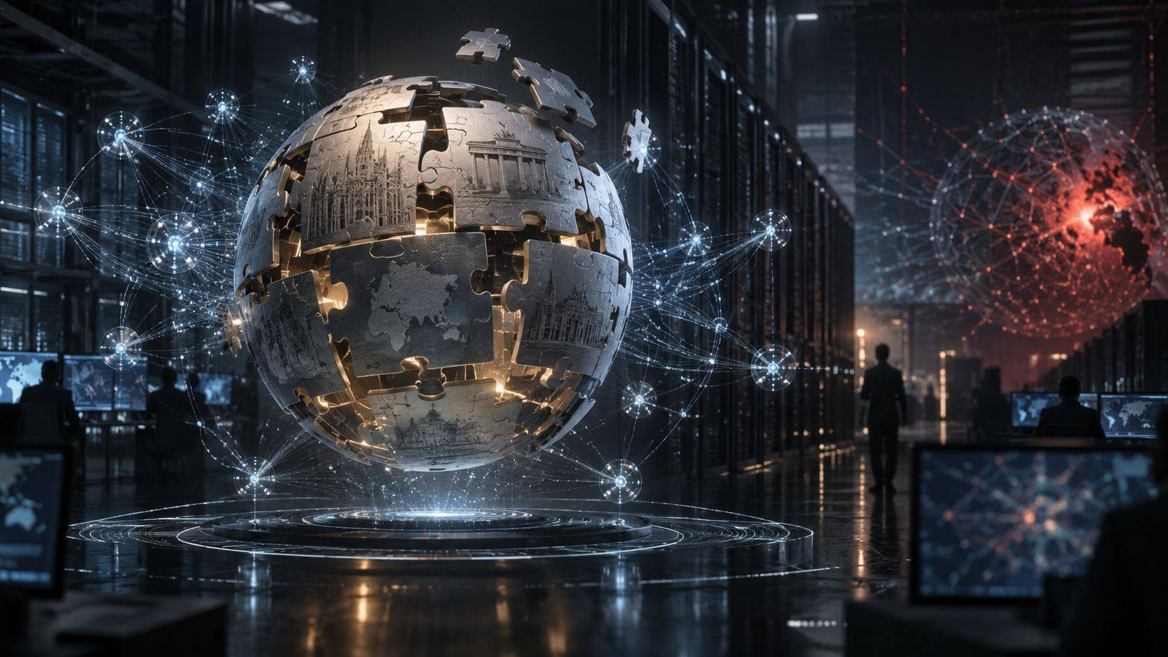 Representação conceitual de agentes de inteligência artificial conectados em rede em um ambiente de servidores e segurança digital