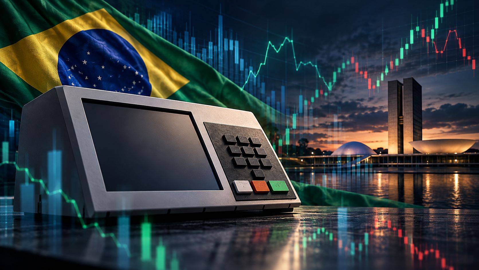 Urna eletrônica com gráficos do mercado financeiro ao fundo, em referência às eleições e ao Ibovespa.