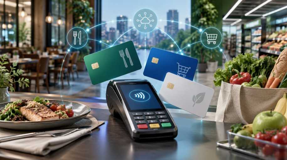Vale-refeição, vale-alimentação, benefícios corporativos, cartões, meios de pagamento, restaurante, supermercado, alimentação, pagamentos digitais, interoperabilidade, mercado de benefícios, PAT, tecnologia financeira, concorrência bancária. Imagem gerada com uso de IA.