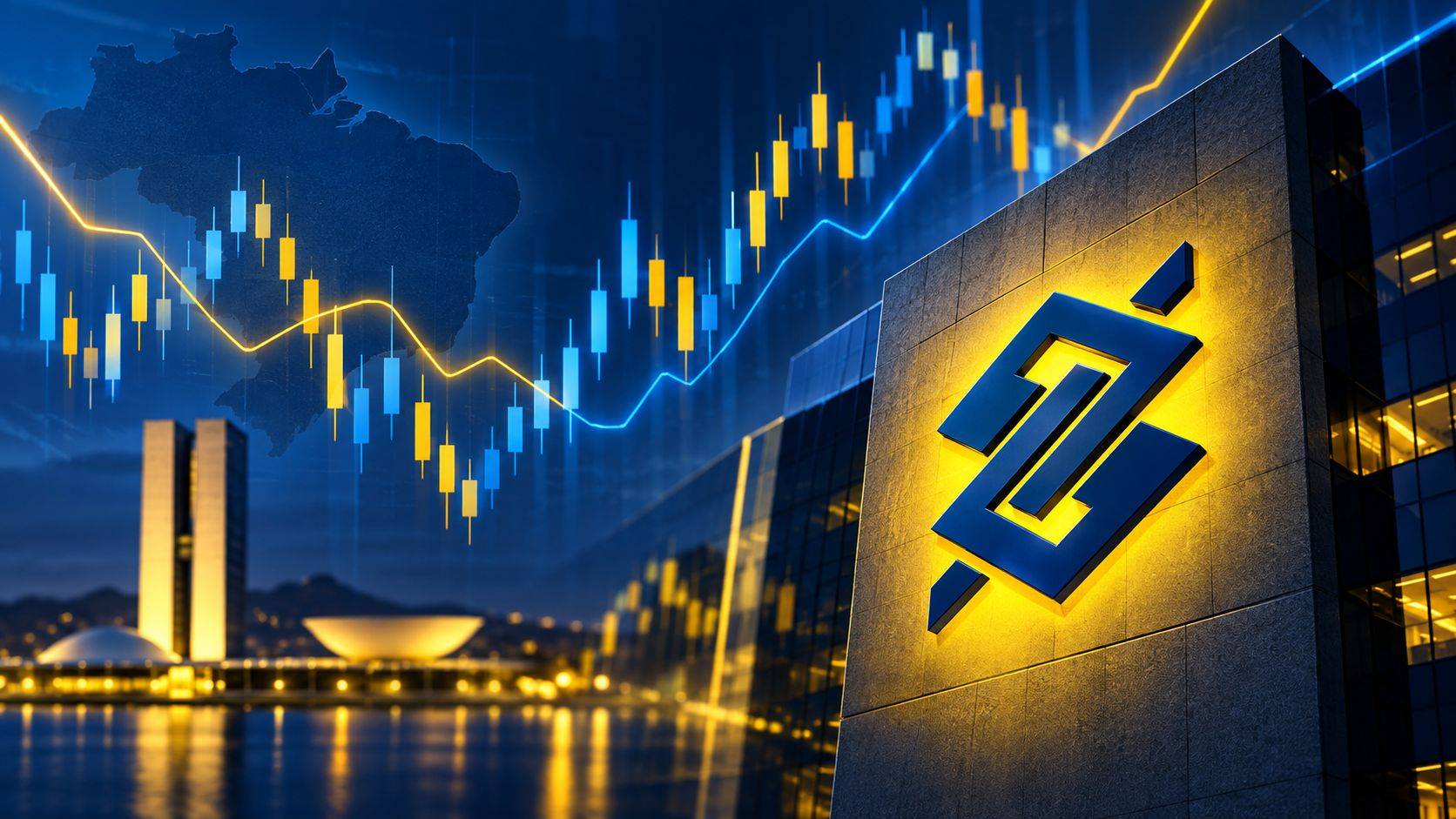 Ilustração do Banco do Brasil com logo em destaque, gráficos de bolsa e linhas de volatilidade em fundo azul e amarelo.