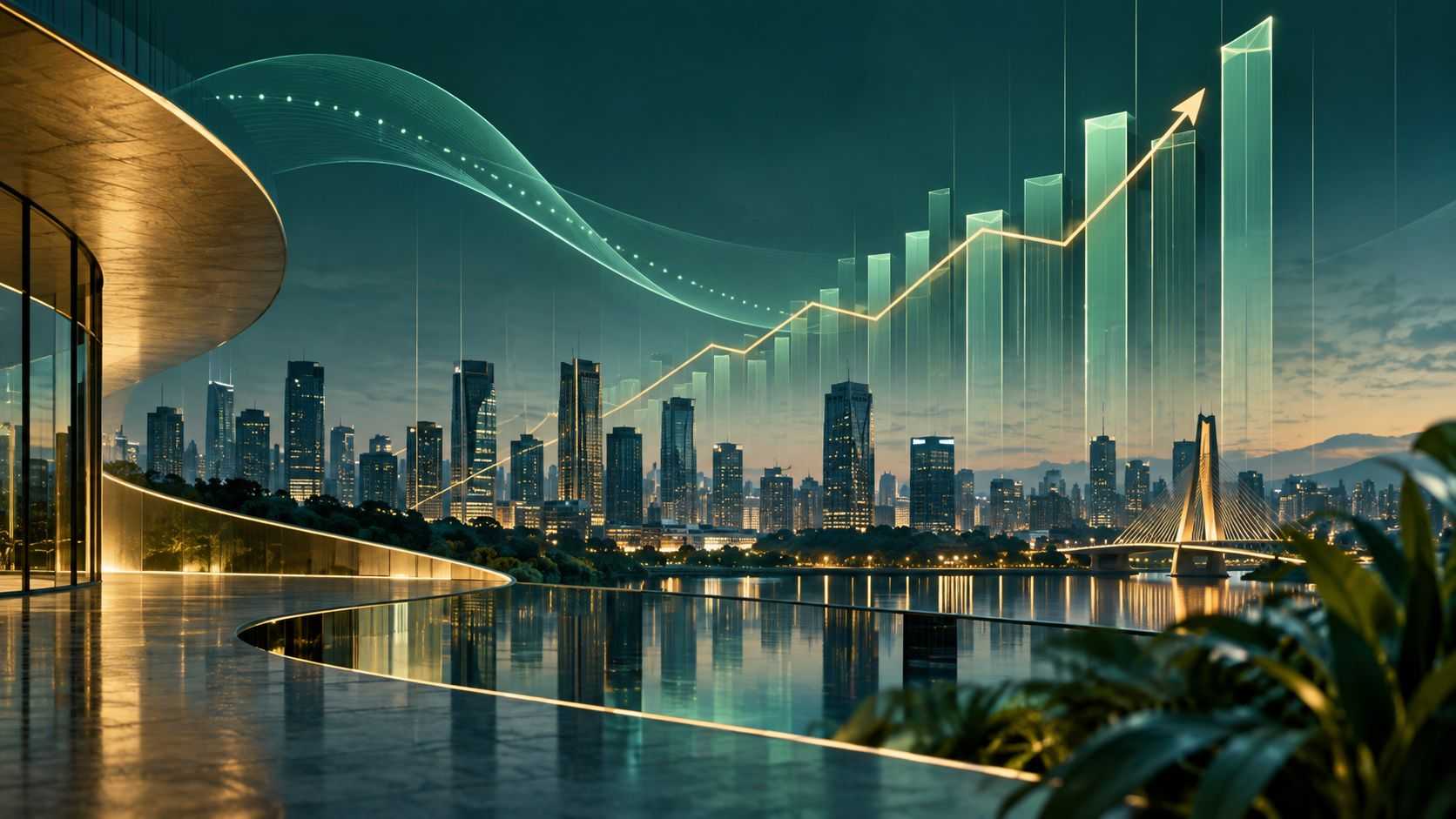 Ilustração conceitual do mercado financeiro com gráfico de ações em alta sobre uma paisagem urbana, representando a valorização do Ibovespa e a expectativa de queda da Selic.